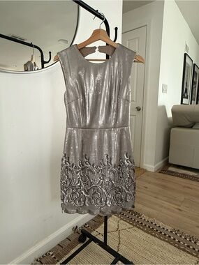 BCBGMaxAzria Silver Sequin Embroidered Cocktail Mini Dress
